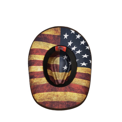 distressed American flag under a western hat