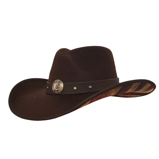 Patriotic cowboy hat with American Flag – brown felt Western hat, perfect for rodeo riders, ranchers, and outdoor adventurers