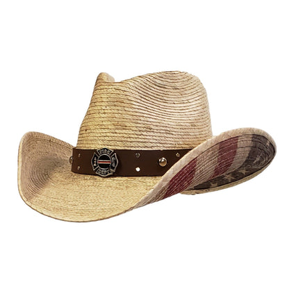 Firefighter Heroes American Flag Palm Straw Cowboy Hat – Patriotic Western Hat for Men & Women | Best Summer Cowboy Hat Near Me