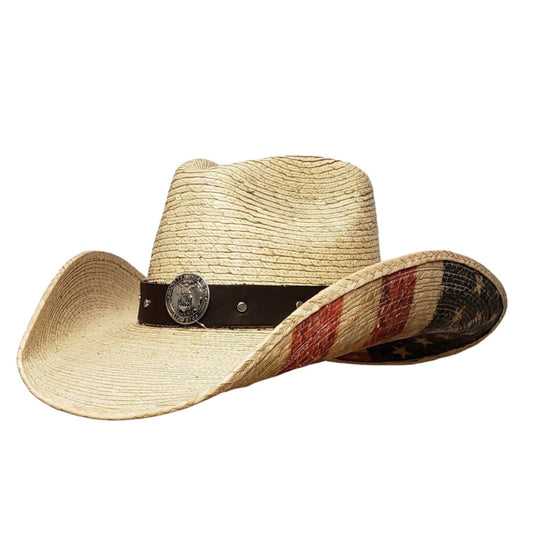 Patriotic straw cowboy hat with American Flag – durable and stylish, perfect for rodeo riders, summer festivals, and country concerts